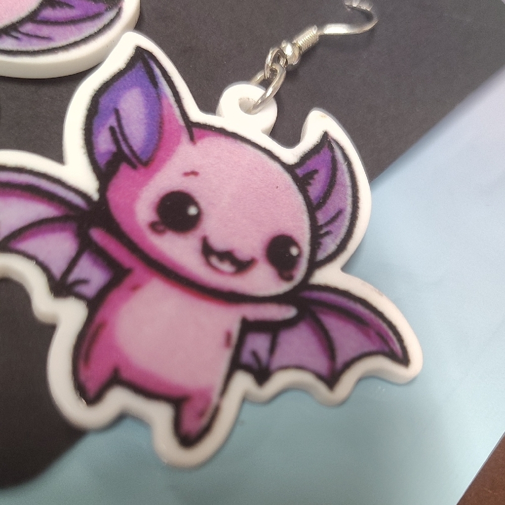 Cute Pink and Purple Bat Earrings for Kids - Picture 2 of 4